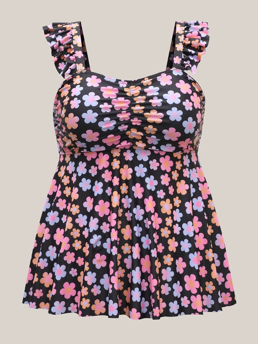 Floral Ruffle Strap swim top - Black with Pink & Lavender Flowers